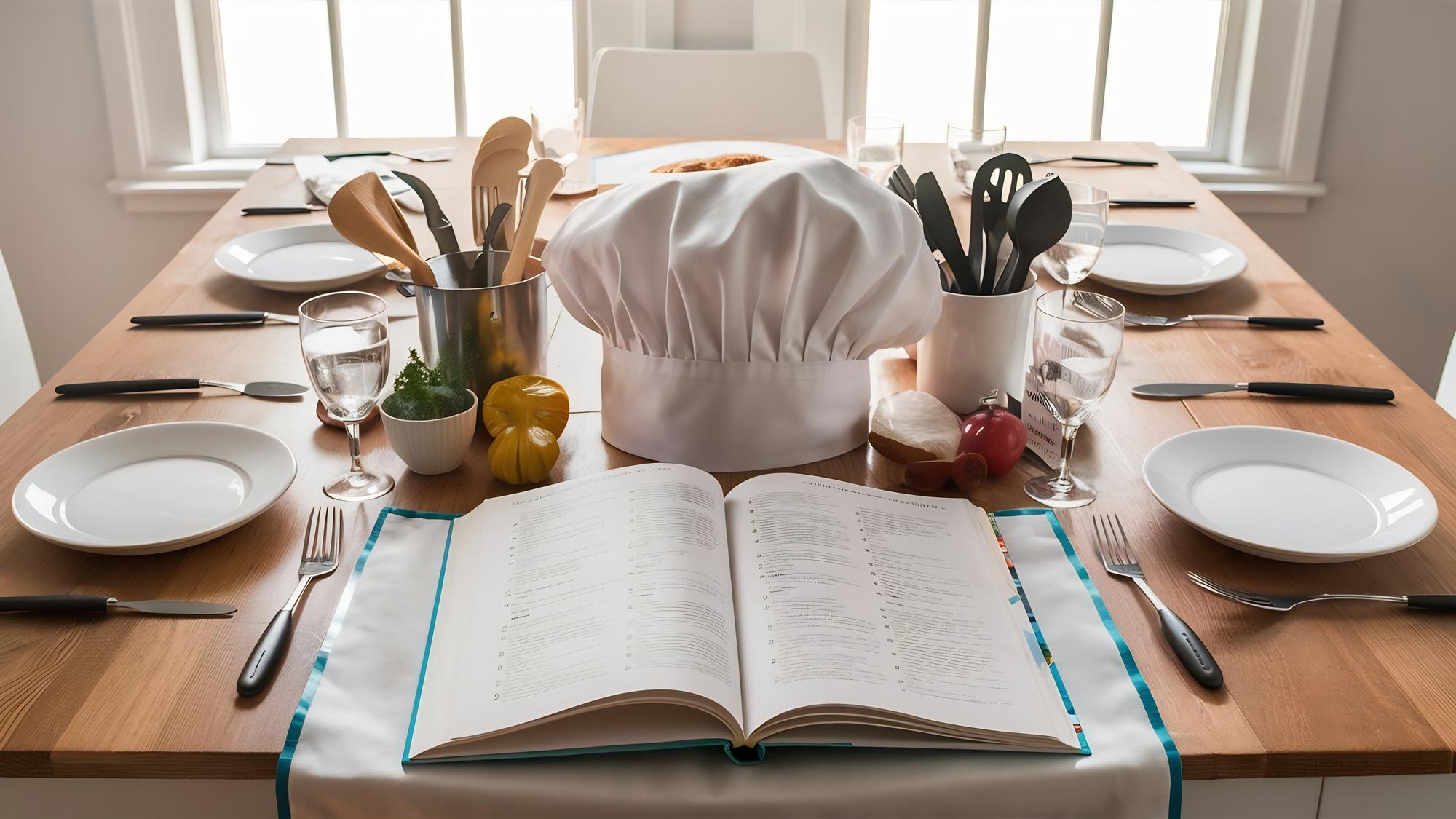 Mesa con platos y cuadernos de recetas